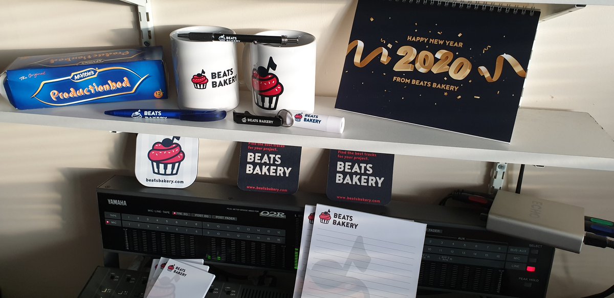 productionbod's tweet photo. Looks like Santa is still busy as these goodies arrived at https://t.co/GIT9oNfJyk towers.  Thank you to our friends @BeatsBakery, absolutely perfect. #newyear #morningcuppa #notetaking #chappedlips #celebratorydrink #productionmusic https://t.co/uXFfg4C4TJ