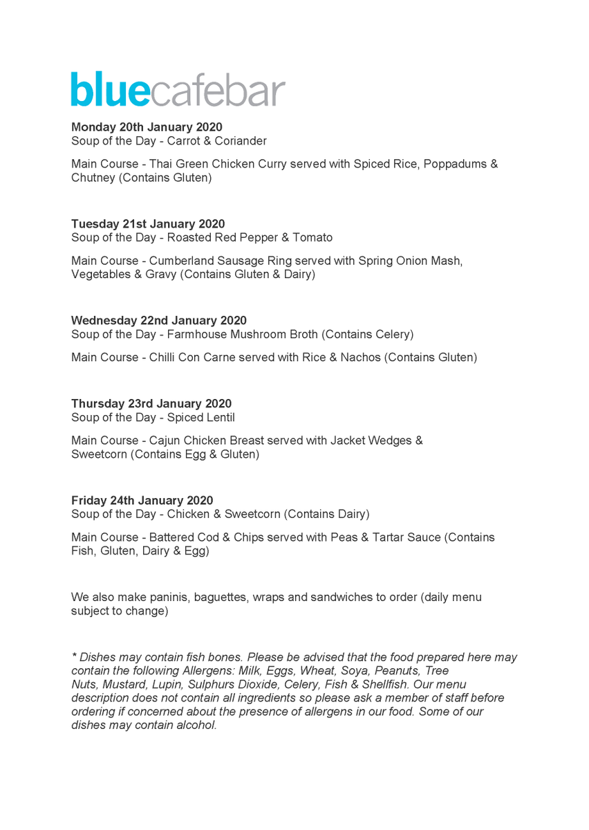 The menu for the <a href="/BlueCafeBar1/">Blue Cafe Bar</a> this week commencing 20th January #bluecafebar