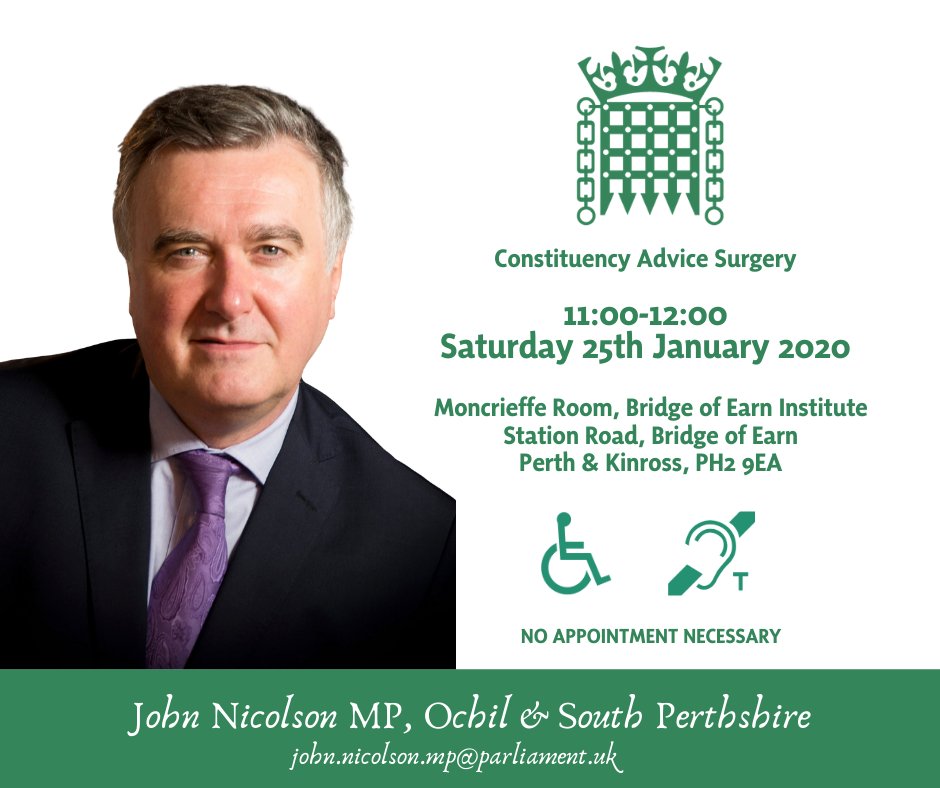 MrJohnNicolson's tweet photo. My next constituency advice surgery will take place this Saturday in the Moncrieffe Room at the Bridge of Earn Institute where I will be joining Cllr Henry Anderson between 11:00 and noon. The surgery is accessible to wheelchair and hearing aid users. https://t.co/0Gvt45Vxk2