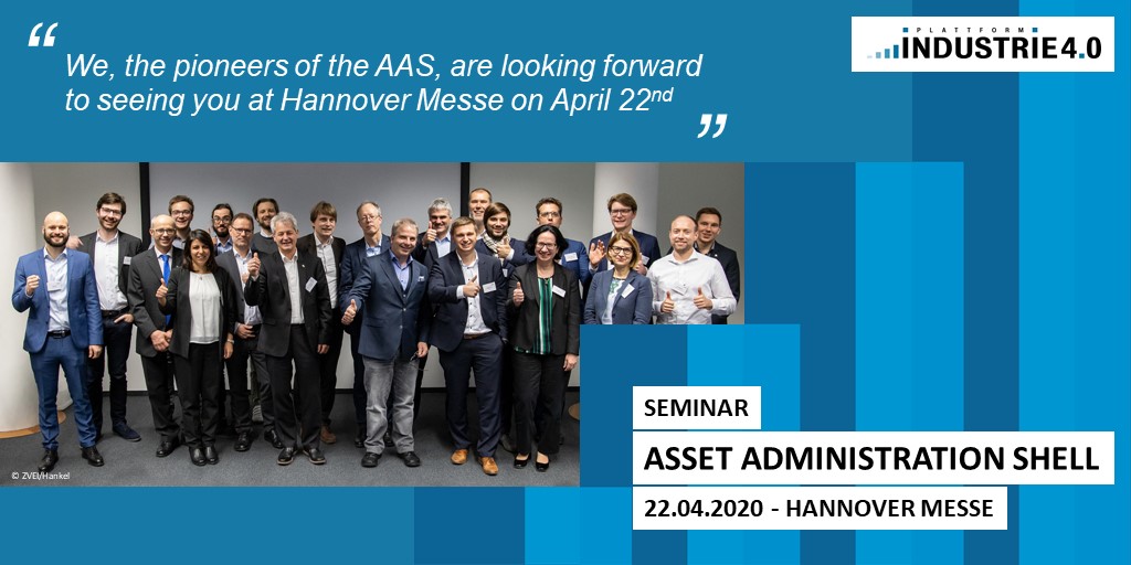 plattform_i40's tweet photo. Register now! We invite all Int. experts in #I40 & standardization bodies to the key event of 2020:
Asset Administration Shell Seminar of @Plattform_I40 at @hannover_messe, 22.4.!
#AAS is to become an @IECStandards.
@ZVEIorg @Bitkom @VDMAonline #SCI40 https://t.co/UBpH4r1Lj1 https://t.co/no2mO5AEe6