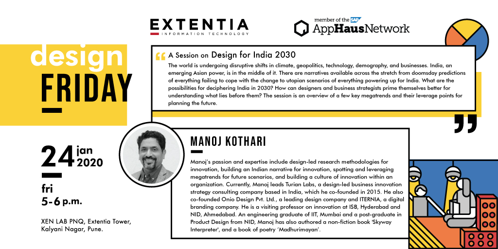 EXTENTIA's tweet photo. We are excited to have @lookinbard speaking at the first 'Design Friday' of 2020 on the intriguing topic – ‘Design for India 2030'.
#SAPAppHausNetwork #InnovationCulture #AppHausDesignFriday #XenLabPNQ https://t.co/2n2Vmi8ELO