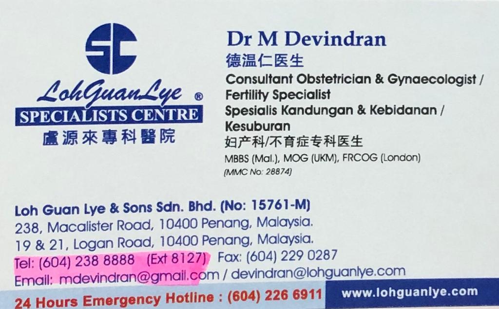 Yg pengen punya anak dg program IVF di Penang, ini kontak dokternya yg ngetop banget krn success rate tinggi. FYI, 70% pasiennya WNI.