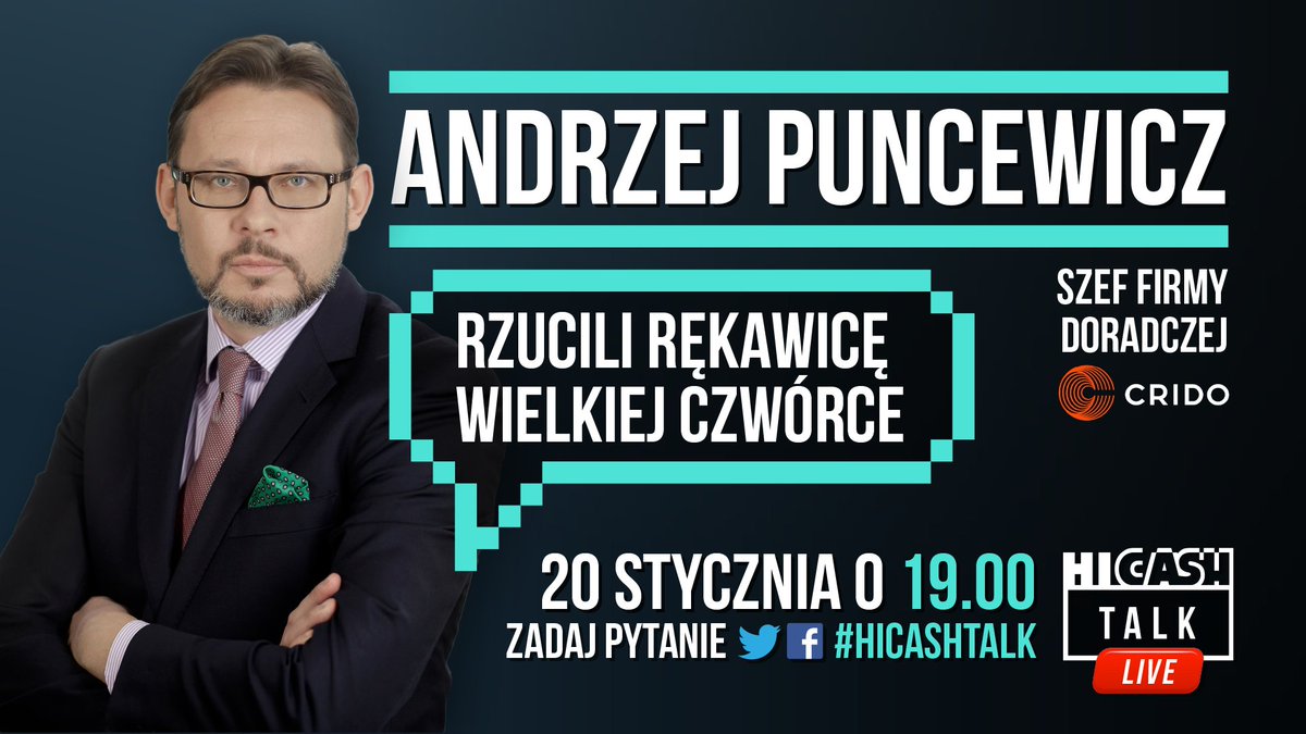 HiCashPL's tweet photo. Dziś o 19.00 porozmawiamy o tym jak się buduje markę na trudnym rynku doradczym zdominowanym przez silną, międzynarodową konkurencję. Gościem @dbwolski będzie Andrzej Puncewicz, szef firmy @CridoPL https://t.co/zscBdQDBYx