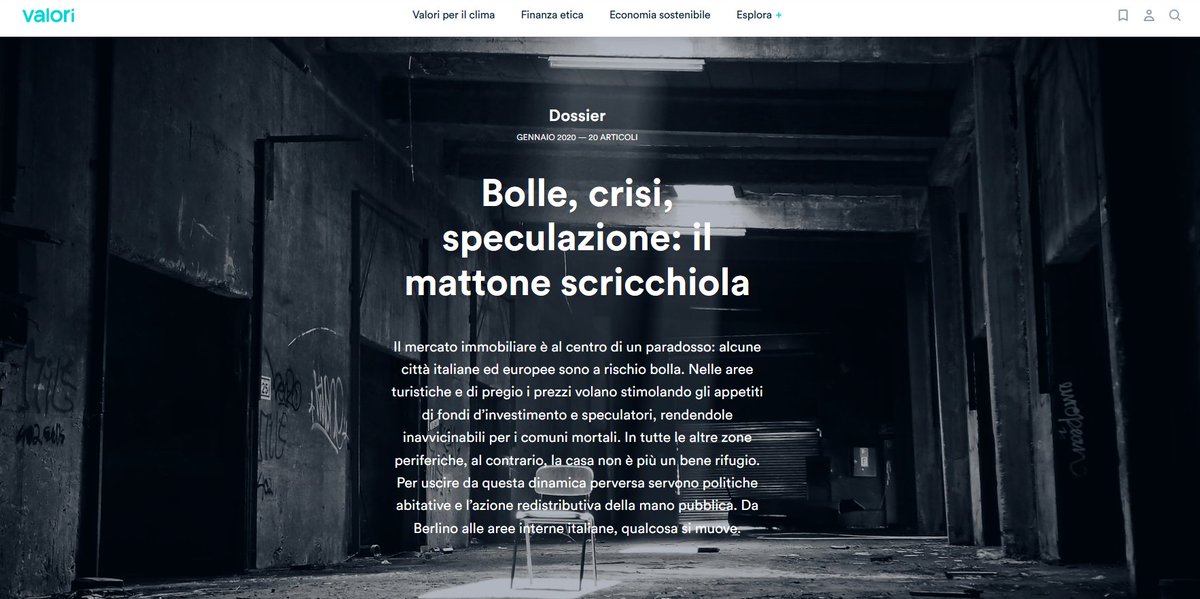 Bolle, crisi, speculazione: il mattone scricchiola.
Online il nuovo #dossier di Valori.it. sulla crisi dell'abitare in Italia e in Europa e consumo di suolo. E sulle alternative possibili, aree interne, case vuote oppure a un euro. valori.it/dossier/gennai… #daleggere