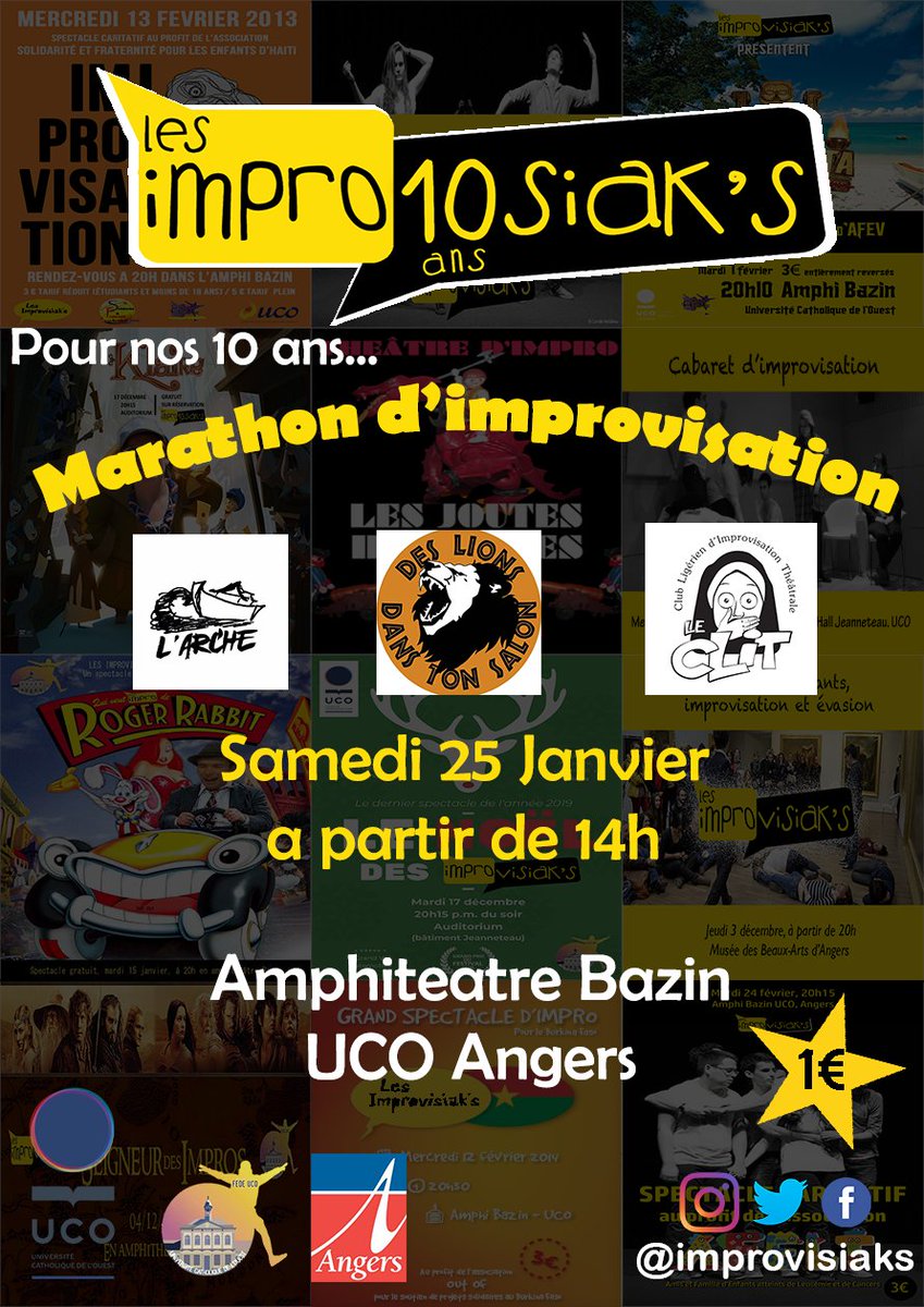 Improvisiaks's tweet photo. RDV samedi 25/01 à partir de 14h (jusqu'à 20h) pour notre grand marathon d'improvisation en compagnie du CLIT, de l'Arche, et des Lions dans ton salon à @UnivCathoOuest !

Entrée : 1€

➡️https://t.co/3W7oERZ9T9

#improvisation #JeunesAngers #CultureAngers #AssoAngers #UCOOL https://t.co/rjP4YT7cTl