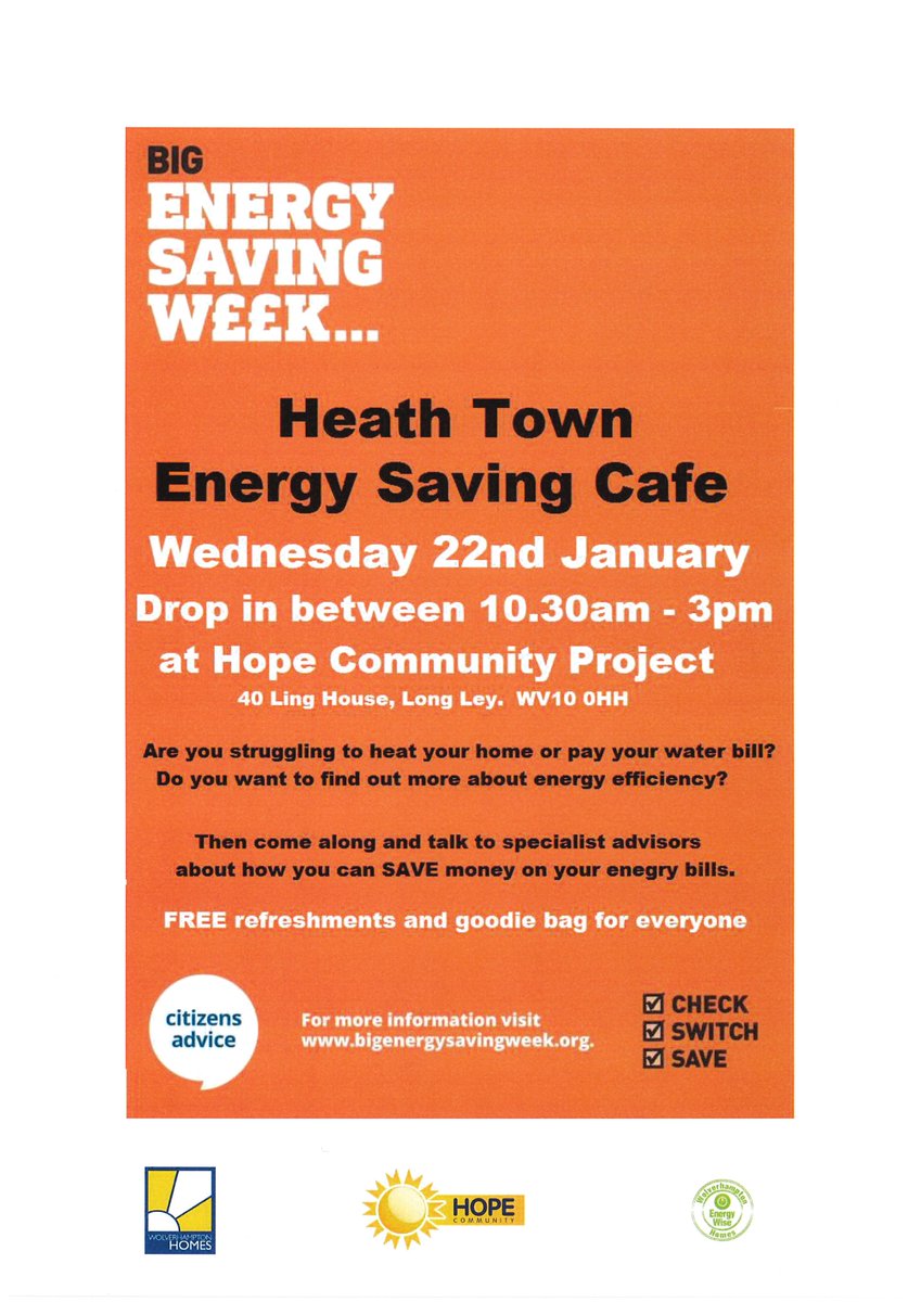 Did you know that this week is Big Energy Saving Week? Do you want to find out more about energy efficiency? Come along and talk to specialist advisors at our energy saving cafe, this Wednesday 22nd January between 10.30am and 3pm. #bigenergysavingweek #hopeheathtown