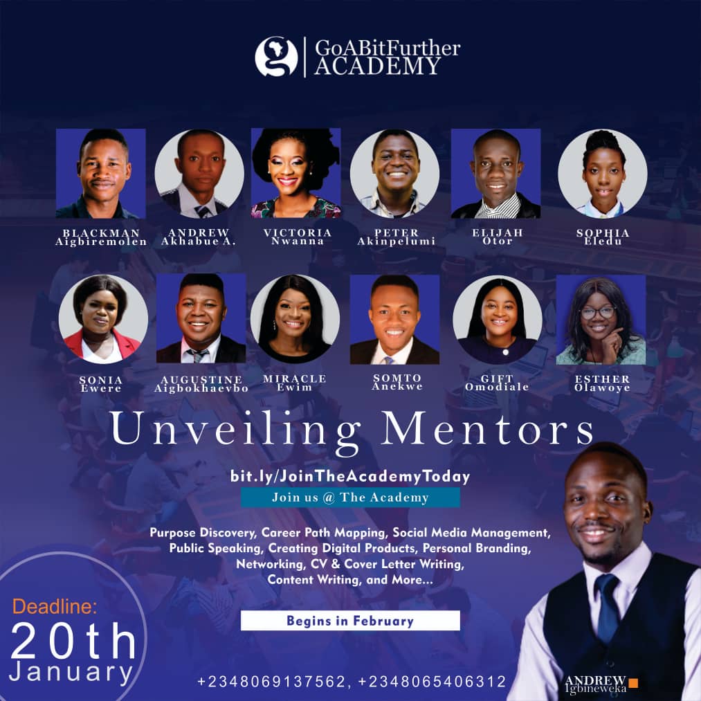 themichanic_'s tweet photo. I am honored to be unveiled as a GABFA mentor; to nurture, inspire and equip undergraduates and young professionals with relevant skills and birth solutions. Click https://t.co/EV2ayPUNmr to register.
@andreigbineweka
#GoABitFurther
#GoABitFurtherAfrica
#GoABitFurtherAcademy https://t.co/h56luqUVno