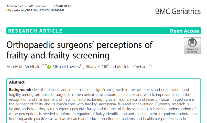 CRE_Frailty's tweet photo. A new paper by our research team looks at Orthopaedic surgeonsโ perceptions of frailty and frailty screening: https://t.co/W9Rz9W6riK @Mandy_Archibald @mt_lawless #frailty #ageing #orthopaedic #frailtyscreening https://t.co/d7A1tFatuH