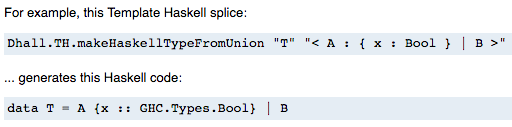 Example use of Template Haskell to generate a Haskell type from a Dhall type