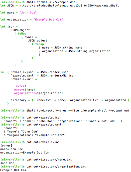 Example use of the dhall to-directory-tree command