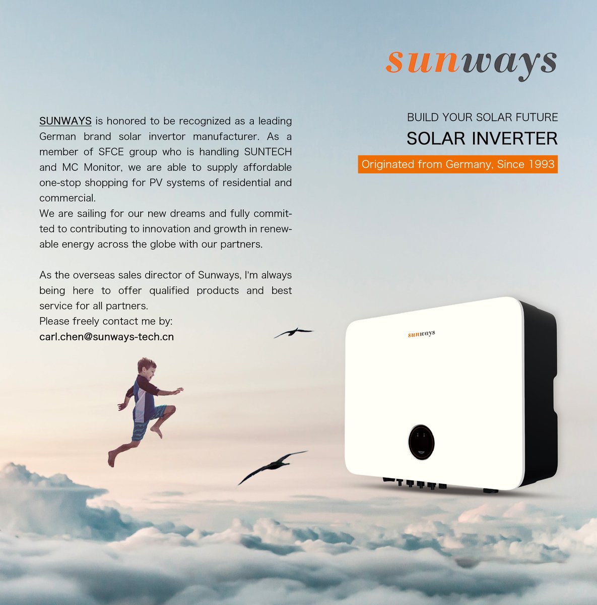 chenning42's tweet image. Looking for the business partners all over the world to promote the solar inverter products together!
Please contact me: carl.chen@sunways-tech.cn