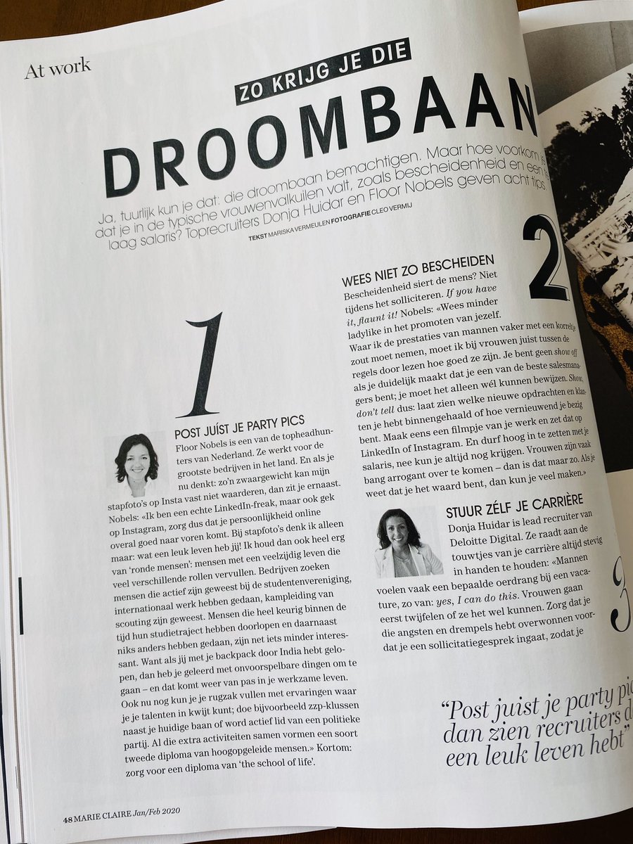 Ladies 💁‍♀️zó scoor je die droombaan! 
8 tips van <a href="/DonDiabla/">Donja Huidar (دنيا Lourdes)</a> en mij in de <a href="/marieclaire/">Marie Claire</a> van deze maand. 
Hierbij alvast de eerste 3 tips.