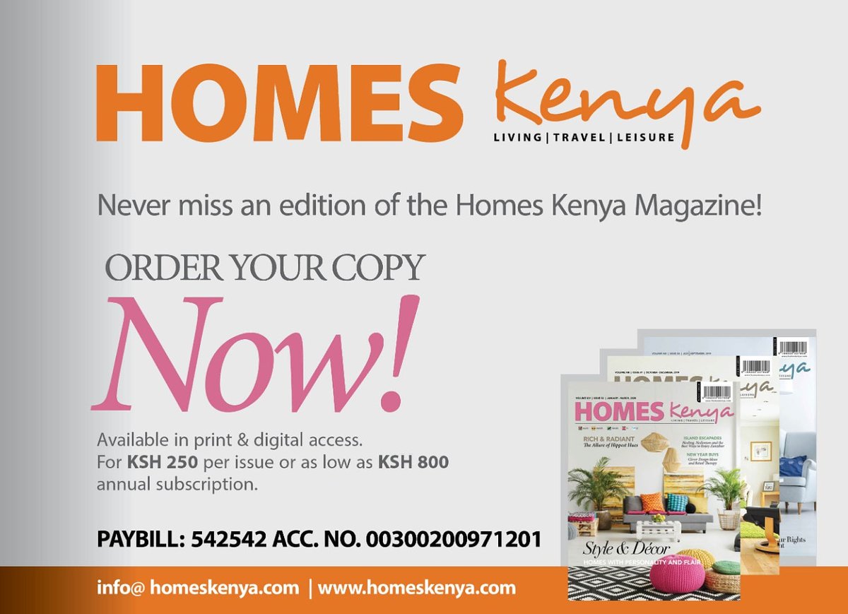 HomesKenyaMag1's tweet photo. Never miss an issue of Homes Kenya Magazine for your practical annual digest on matters living, travel and leisure.
KSH 250 Per Issue 
KSH 800 (4 ISSUES): Annual subscription 
Order now! https://t.co/R1upHIUBJQ https://t.co/a6wdRQHns3