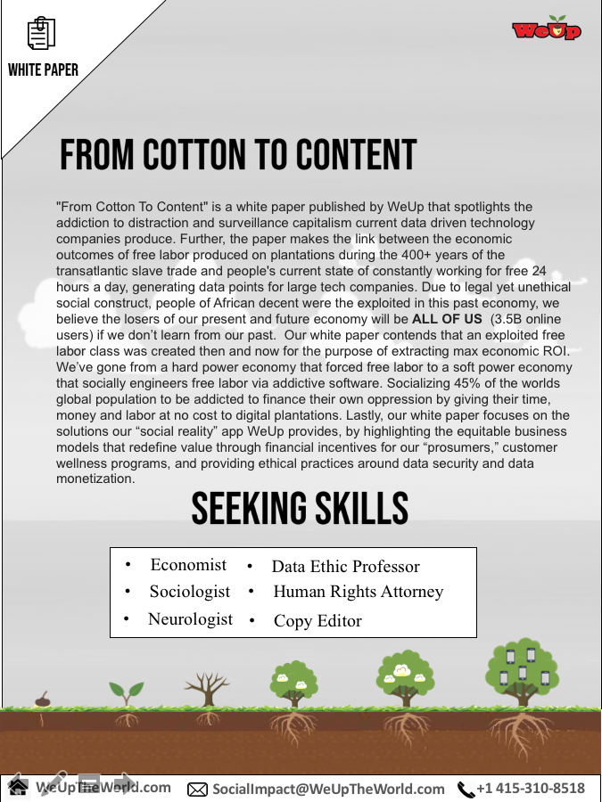 LiveYourLegends's tweet photo. @drlisadcook Greetings Dr. Cook. My name is Voltaire Xodus. The Co-Founder of @WeUptheWorld and app that pays people to stick to their goals and solve community problems. We are working on a white paper "From Cotton To Content." Might you be free to chat? https://t.co/OZkfXhOzJD