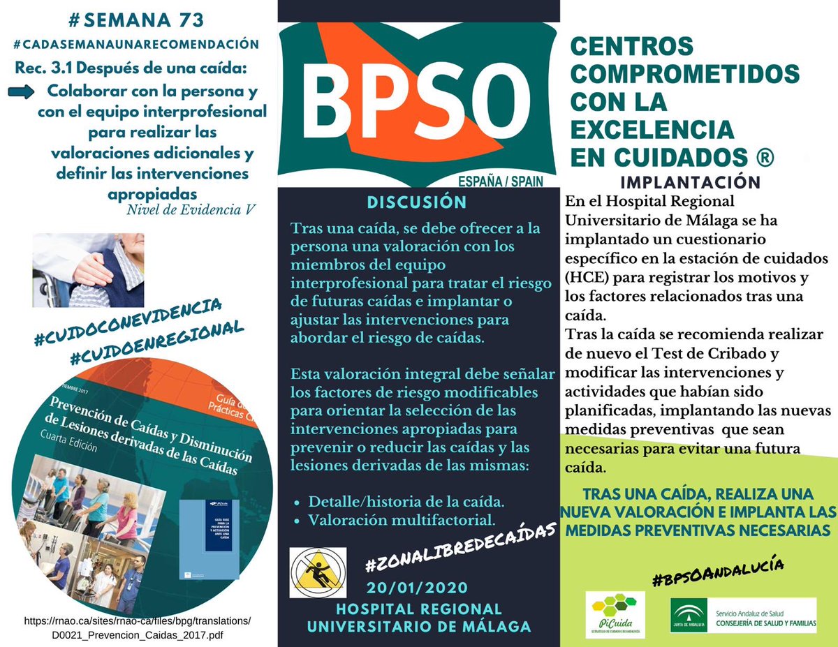 EnfermHRUM_BPSO's tweet photo. 👉👉Tras una caída se recomienda realizar un nuevo test de cribado, valorar los factores de riesgos modificables e implantar nuevas intervenciones preventivas para evitar futuras caídas. 🙏🙏 #Zonalibredecaídas
#CadaSemanaUnaRecomendación #bpsoAndalucía #Bpso #cuidoenregional https://t.co/i99Hfaboyz