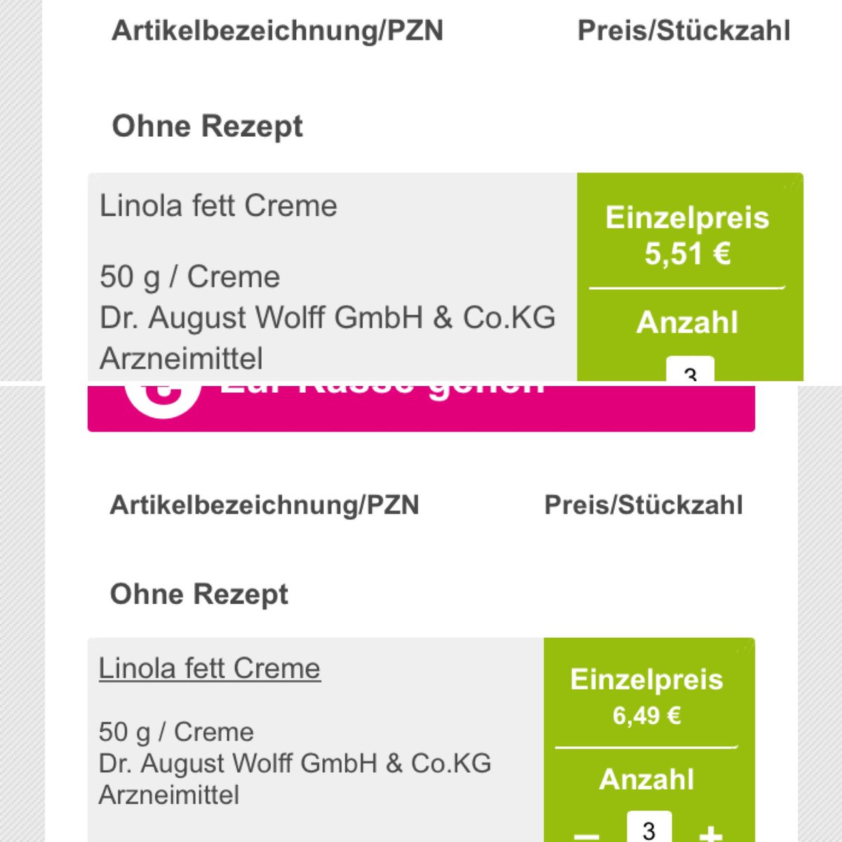 Junice24's tweet photo. Also falls ihr mal was wieder bestellen wollt....#DocMorris hat da eine prima Funktion und erhöht bei Wiederbestellung die Preise (oben neuer Account, unten Bestands-Account selber Tag, selbe Uhrzeit) ja dann... #versandapotheke #medlife #doccheck #dankefürnichts #medikamente https://t.co/fAx2F7JhkH