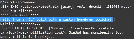 After many months of work in collaboration with <a href="/diwidog/">🥝🐶</a> and <a href="/CrazyVoidPS4/">CrazyVoid</a> w/ help from <a href="/flat_z/">Aleksei Kulaev</a>, we have a hello world homebrew app running on the PS4 built with a custom toolchain / non-sony SDK! Still work to be done, but this is a big step for homebrew.