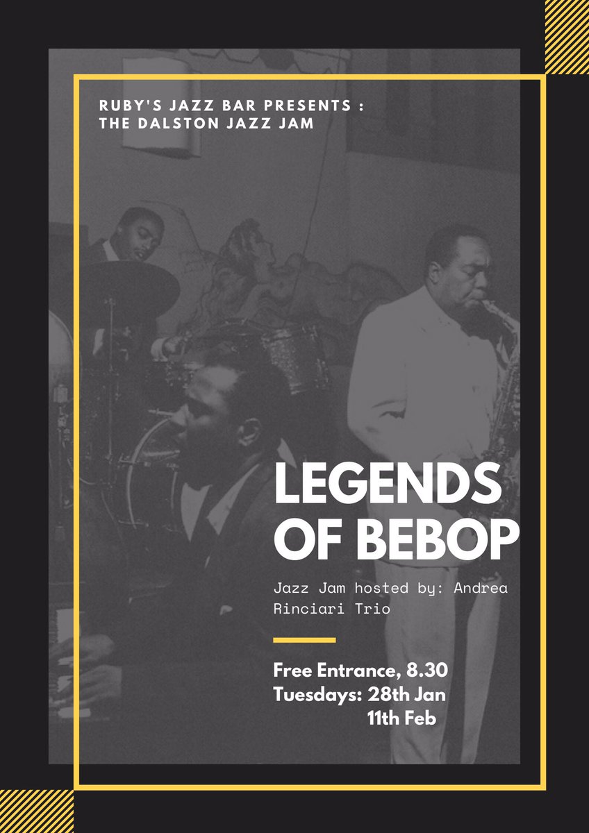 Tuesdays are back at Ruby's from tomorrow with the Paper Moon Trio returning to lead the Dalston Jazz Jam 8 till late. Next Tuesday (28th) we've got a special 'Legends of Bebop' session with guitarist Andrea Rinciari and his Trio. Book ahead: rubysdalston.com 🕶🎺
