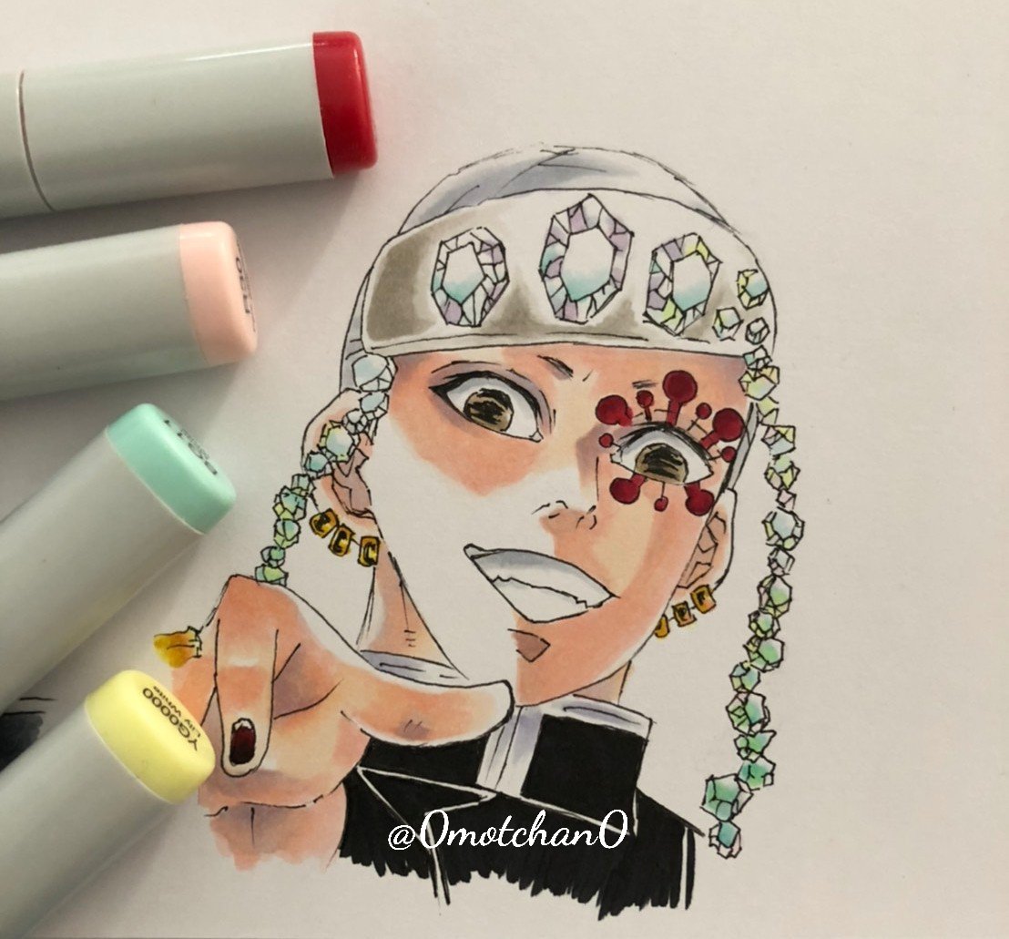 もっちゃん しばらくは100均スケブに簡単なお絵描きが続きそう ちゃんとしたのを描く気が起きない 鬼滅の刃 宇随天元 アナログイラスト コピック 模写