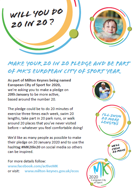 YouthMKC's tweet photo. Milton Keynes is 2020's European City of Sport!
Here at #YouthMK we are making the following pledge for the year, so watch this space for how we get on...
20 Wheeling not Dealing
20 Juniors Jogging
20 Women Working Out
#MK20in20 #MiltonKeynes #bemoreactive #2020pledge #ECoS https://t.co/oACyBwBMNx