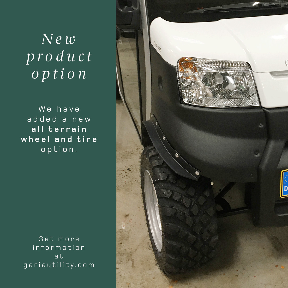 GariaUtility's tweet photo. Based on popular demand Garia Utility is exited to announce a new product option. 

Customers have been asking for the ability to use our vehicles not only on paved roads, but also on turf/off road. We have added a new all terrain wheel and tire option to our product offering. https://t.co/GO9rnAGyvm