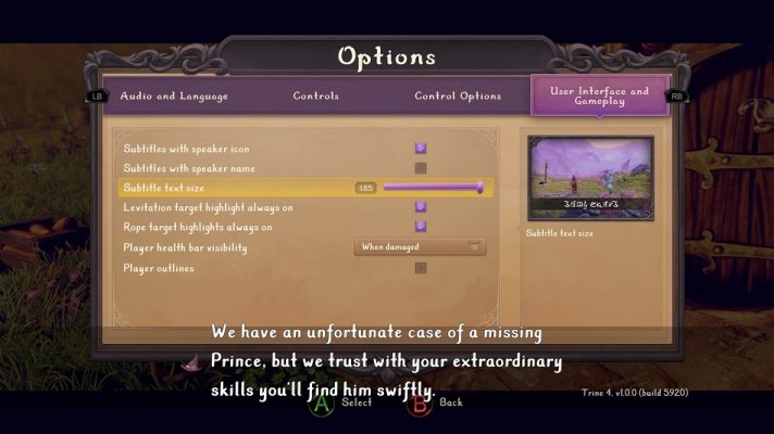 Gameplay and UI options menu showing the shift options for subtitle presentation