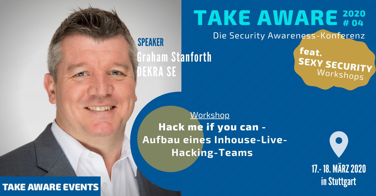 corpsec_tv's tweet photo. #LiveHacking - Erleben Sie Graham Stanforth MBCS vom 17. - 18. März 2020 auf der #TAKEAWARE2020 in Stuttgart. Sichern Sie sich den Frühbucherrabatt für die TAKE AWARE 2020: https://t.co/02d2krUdvG 
#securityawareness #itsecurity #takeaware https://t.co/JhR8sfvYaA