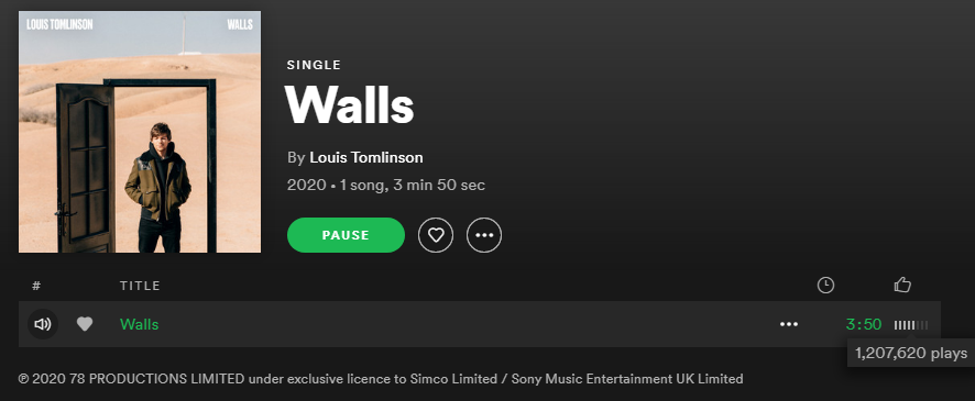 LouisT91Music's tweet photo. #Walls has surpassed 1 MILLION streams on @Spotify! 🎉

Total Streams: 1,207,620

Keep streaming here: https://t.co/eIuIev37RK

January 20, 2020 https://t.co/2ZOjz5mLfq