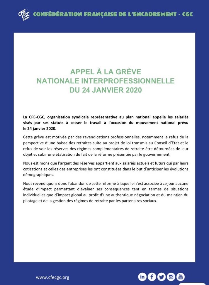 CFECGC's tweet photo. #retraites

La CFE-CGC appelle à une nouvelle journée de grève nationale le 24 janvier prochain pour dénoncer une réforme des retaites injuste et dangereuse. Elle réclame une étude d’impact. https://t.co/gOrONyTNeV