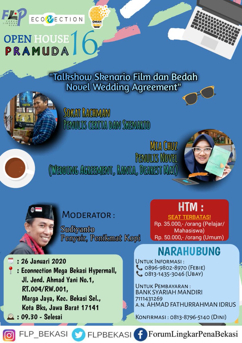 Yuk buruan daftar, mumpung promo nih...
Ada Mas Sokat (Penulis skenario Tykang Ojek Pengkolan) dan Mbak Mia Chuz (Penukis novel wedding agreement yang telah difilmkan 2019)