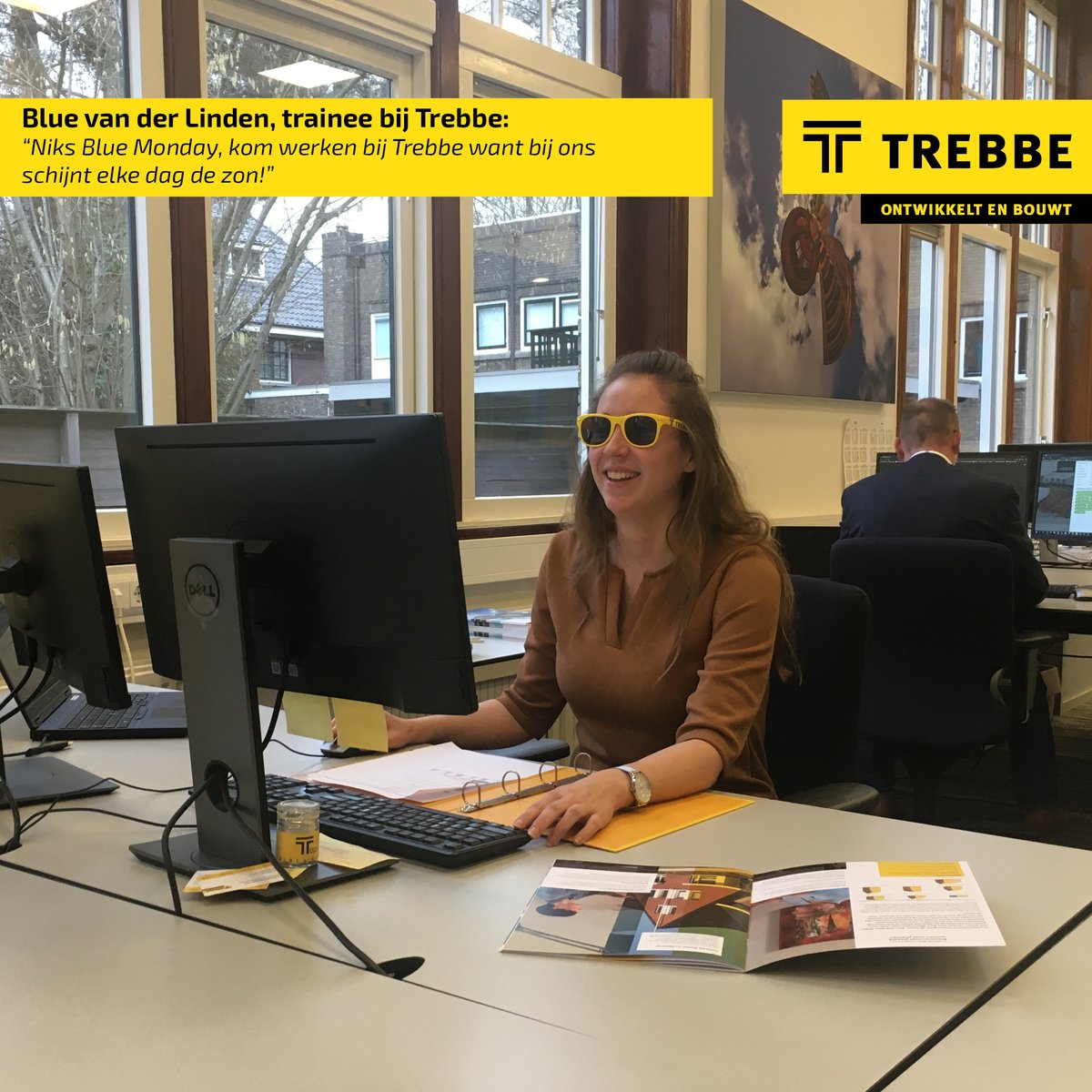 Trebbe1911's tweet image. Onze trainee Blue heeft niks met Blue Monday. "Niks Blue Monday, kom werken bij Trebbe want bij ons schijnt elke dag de zon." Check onze vacatures via werkenbijtrebbe.nl en maak van je blue monday een gele maandag. #Onzehelden #TypischTrebbe #werkenbijTrebbe #Bluemonday