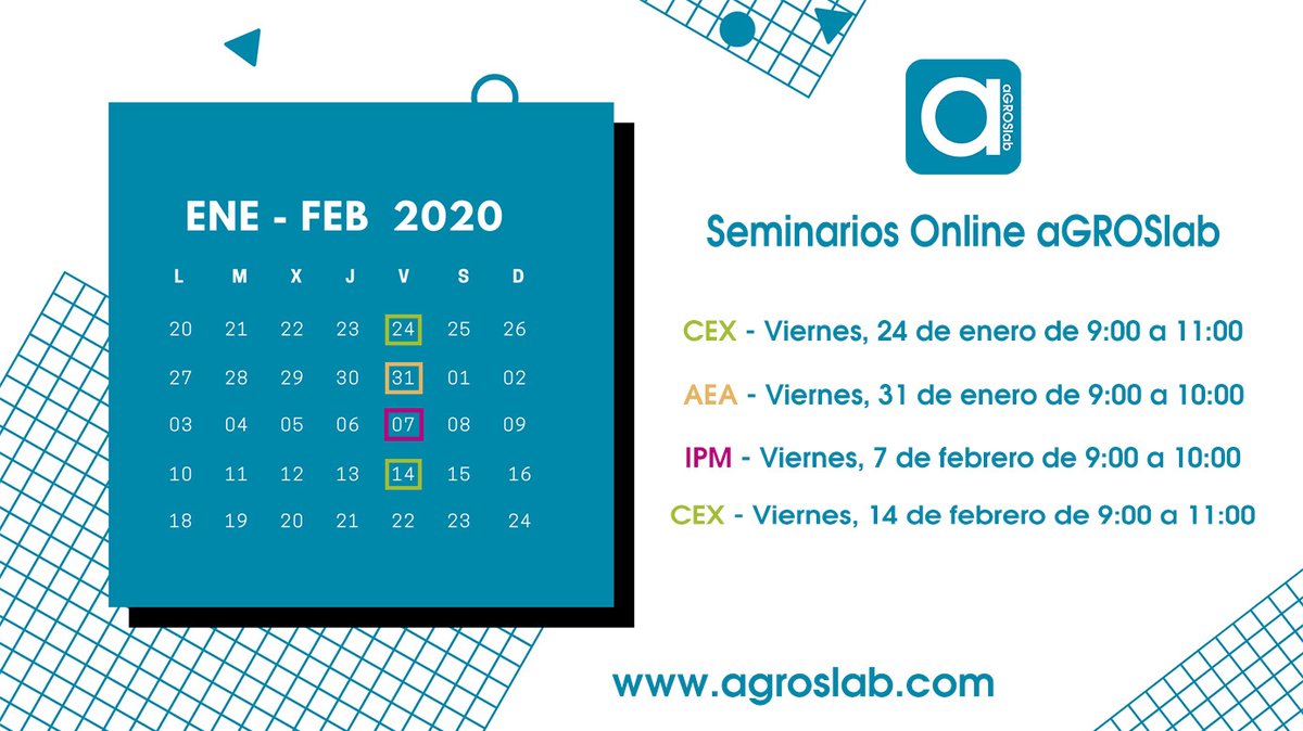 aGROSLabCE's tweet photo. #BuenosDias os dejamos el calendario🗓️ de los próximos Seminarios Online @aGROSLabCE.
¡No desaproveches esta oportunidad! Las plazas son limitadas. Inscríbete aquí 👉https://t.co/4x5bgRO8Rz
#AsesoramientoAgricultura #CuadernoExplotacion #IPMwise #SmartAgro https://t.co/tTLNXTW5WN