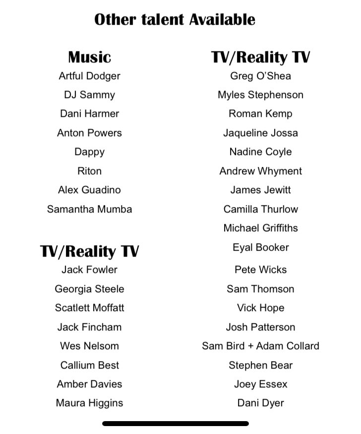 PromotionsIsle's tweet photo. Full Roster of TV/Music and reality available 👌🏼 https://t.co/VY5Z6h7XGs