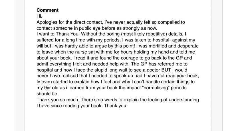 Emmabarnett's tweet photo. Schools in England being able to order free sanitary products for pupils from today marks a major step forward. But, as this moving email I received shows, until women stop feeling like living in pain is normal & able to speak up & seek help- we have a long way to go. Period. https://t.co/WTgVMA3AIn
