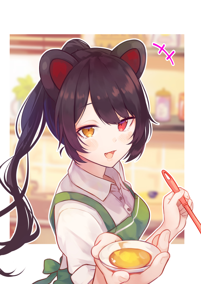 inui toko 1girl green apron animal ears dog ears heterochromia apron solo  illustration images