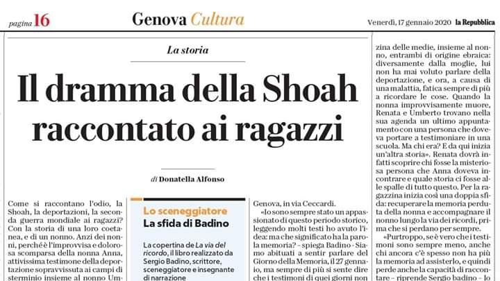 edb_bologna's tweet photo. Oggi @sergiobadino presenta a #Genova il suo #romanzo per ragazzi "La via del ricordo". Per comprendere e vivere la #Giornatadellamemoria.
Info sull'evento qui 👉https://t.co/esP6fAuYax. Qui sotto la bella recensione di Donatella Alfonso su @rep_genova 
#Giornodellamemoria #Shoah https://t.co/ZWKkHOQIX0