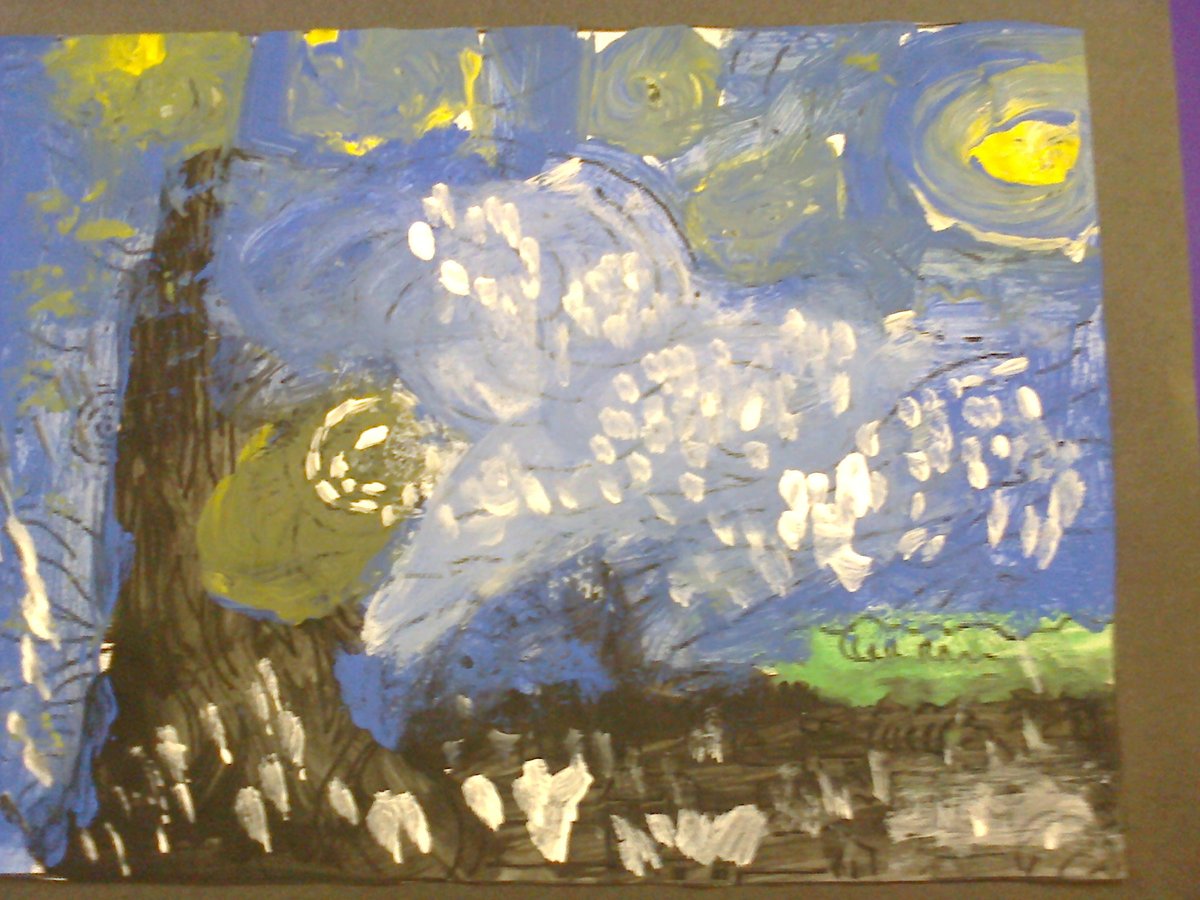 WoodlandsAC's tweet photo. Top artwork Kestrels class #vangogh #starrynight #art #artist #painting #vangoghart #newtechniques #marblerolling #splattering #collage #Creative https://t.co/wdLriA8pDo