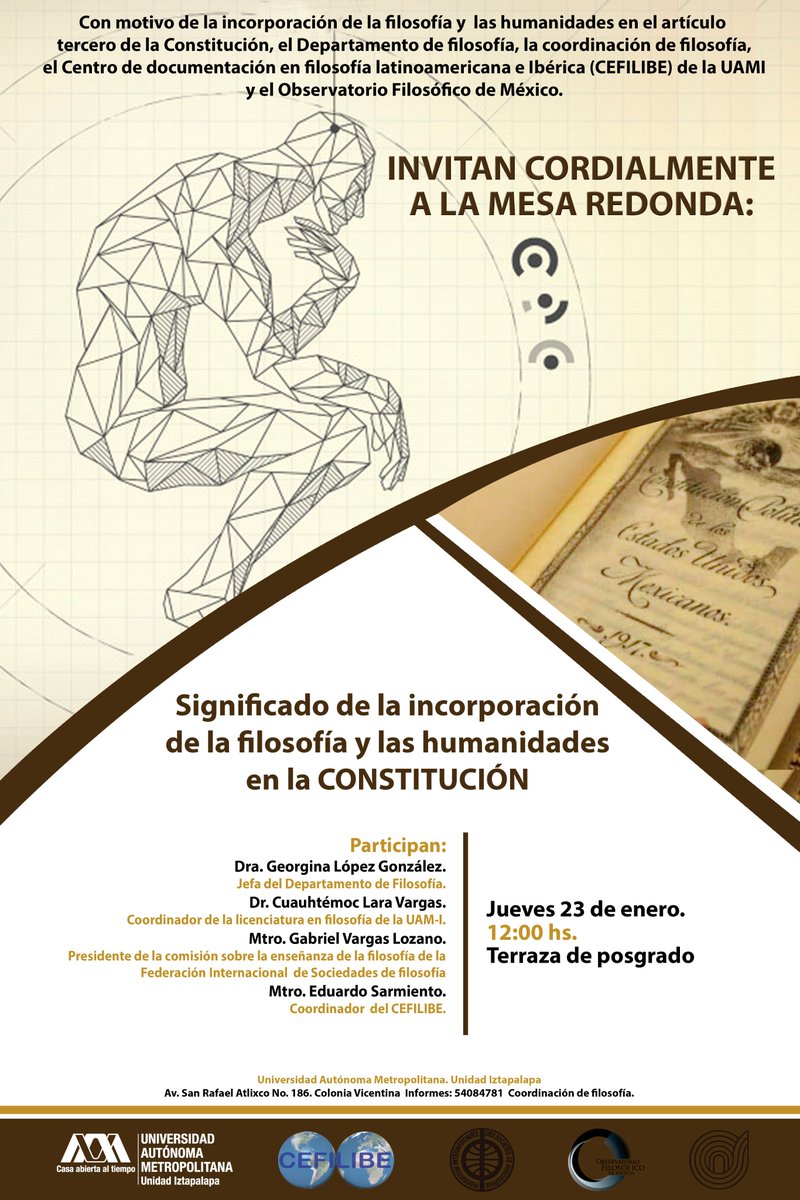 CEFILIBE-UAMI (@cefi1995) on Twitter photo La filosofía y las humanidades en el Art. 3 <a href="/iberoangina/">Angel Alonso</a> <a href="/dante_bello/">compamastro</a> <a href="/filmexunam/">Seminario Permanente de Filosofía Mexicana</a> <a href="/UNAM_IIFs/">I.I.Filosóficas • UNAM</a> <a href="/CulturalesUAMI/">ActivCulturales UAMI</a> <a href="/UAM_Iztapalapa/">UAM Iztapalapa</a> <a href="/UAM_Comunidad/">UAM Comunidad</a> <a href="/GabySanz11/">Filozooita</a> <a href="/VonWolfs/">Rodrigo V.</a> @lauraIvette1811 <a href="/CECAPFICENTRO/">CECAPFI CENTRO</a> La filosofía y las humanidades en el Art. 3 <a href="/iberoangina/">Angel Alonso</a> <a href="/dante_bello/">compamastro</a> <a href="/filmexunam/">Seminario Permanente de Filosofía Mexicana</a> <a href="/UNAM_IIFs/">I.I.Filosóficas • UNAM</a> <a href="/CulturalesUAMI/">ActivCulturales UAMI</a> <a href="/UAM_Iztapalapa/">UAM Iztapalapa</a> <a href="/UAM_Comunidad/">UAM Comunidad</a> <a href="/GabySanz11/">Filozooita</a> <a href="/VonWolfs/">Rodrigo V.</a> @lauraIvette1811 <a href="/CECAPFICENTRO/">CECAPFI CENTRO</a>