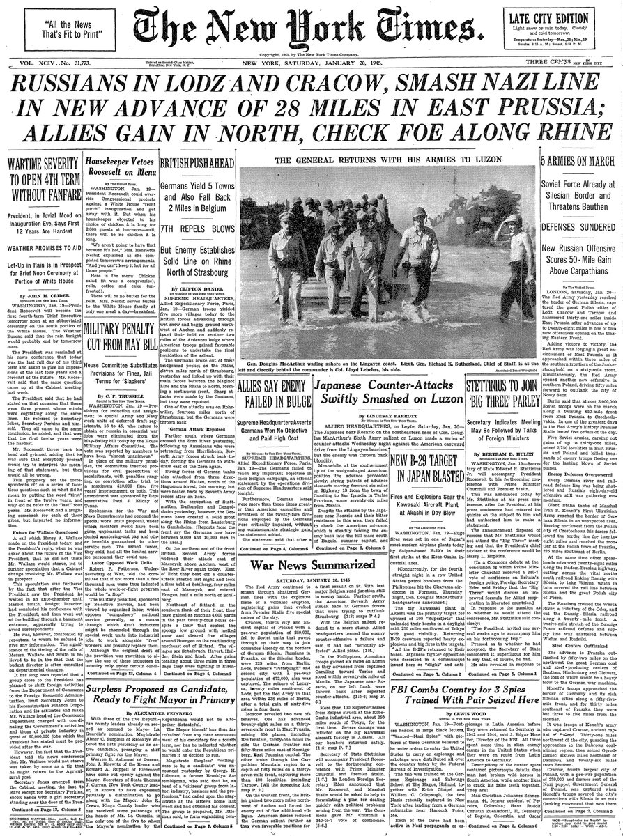 Jan. 20, 1945: Russians in Lodz and Cracow, Smash Nazi Line in New Advance of 28 Miles in East Prussia; Allies Gain in North, Check Foe Along Rhine  https://nyti.ms/2si4Yk0 