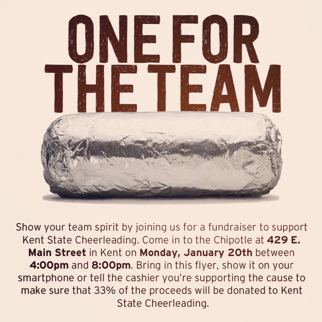 KentStCheer's tweet photo. Need an excuse to get chipotle today? I FOUND YOU ONE. Come support Kent State Cheerleading between 4-8 and bring this tweet of the info with you 💙⚡️ https://t.co/jKVfTpw4Sw