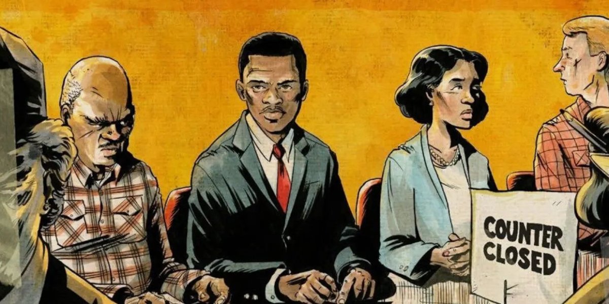 An illustration of MLK at a sit-in, cropped from the cover of March: Book One: 1 by John Lewis, Andrew Aydin, and Nate Powell