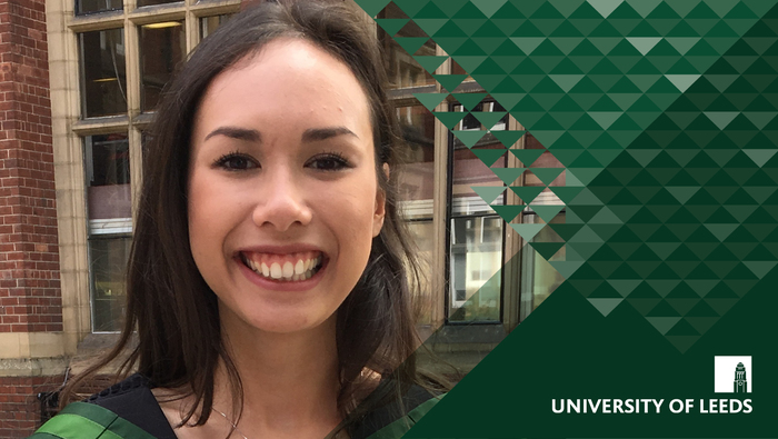 A graphic card that consists of the selfie of Leeds graduate Ornusa and a green illustration blending into the image. 