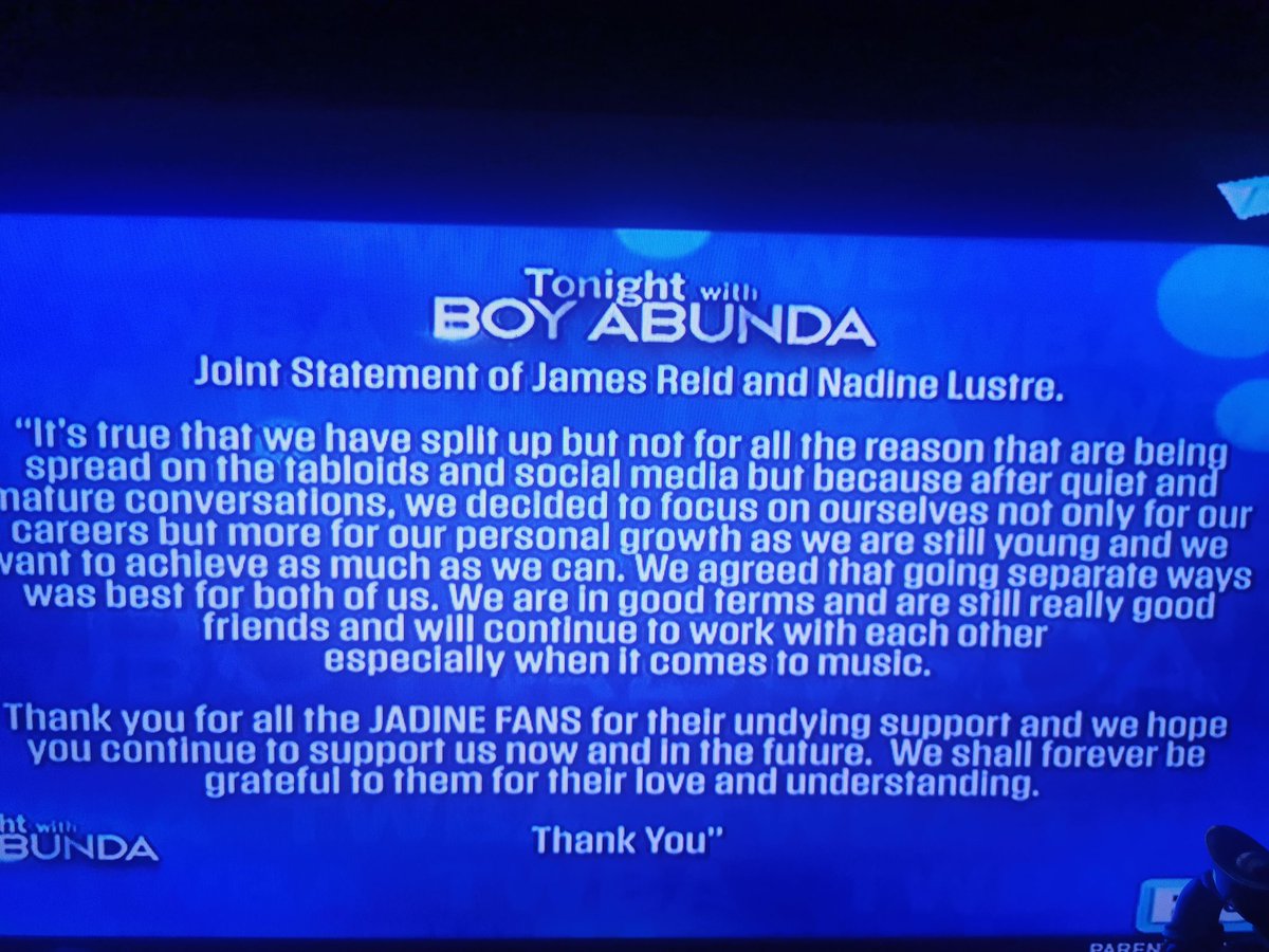 CONFIRMED: James Reid and Nadine Lustre both confirmed that they have already ended their relationship. Both James and Nadine issued a joint statement and Boy Abunda read this in TWBA.