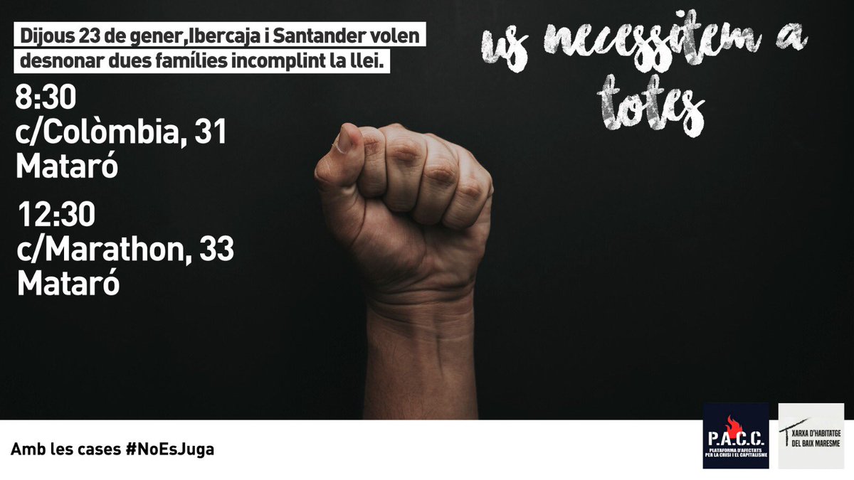 IMPORTANT! 

 ➡ Dijous volen fer fora de casa seva dos famílies de manera violenta!

Però deixarem clar a <a href="/ibercaja/">Ibercaja</a> i <a href="/santander_es/">Santander España</a> que amb les nostres cases #NoEsJuga 🔥