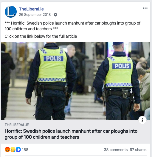 TheLiberal_x's tweet photo. When a car mirror lightly brushed against two students in Sweden, TheLiberal reported a "car ploughed into a group of 100 children and their teachers" and "the car smashed into them".

Can you fact check, @TJ_FactCheck?
https://t.co/9VyzD9shKf
(FB users: pls report as False News) https://t.co/den9LI9wB6