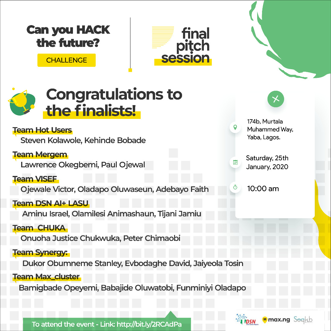 Datasciencenigeria Congratulations To The Finalists Of The Dsn Seqhub Maxng Hack The Future Ideathon Join Us At The Pitch Event This Saturday 25th January At The Ai Hub By 10am To