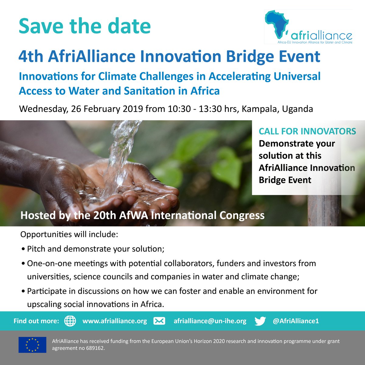 AfriAlliance1's tweet photo. @UtaWehn @ihedelft @nwscug @AfWA_AAE @GWP_EA @GWPnews UPDATE: Date and time for the 4th @AfriAlliance1 #IBE now confirmed for Wednesday, 26 February between 10:30 and 13:30. Registrations still open via this link: https://t.co/WCrCIiRhY8 - #social #innovation #climate #water #innovationbridgeevent #afrialliance https://t.co/7uvMJTpvFg