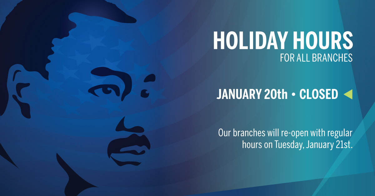 together_cu's tweet photo. Hey, we're observing Martin Luther King Jr. Day, so all of our branches are closed.
We'll be open again tomorrow, Tuesday, January 21st, with regular hours.
In the meantime, you still have access to your accounts here: https://t.co/JmDdqArQps
#MLKDay #togethercu https://t.co/a4bmn7Kl9A