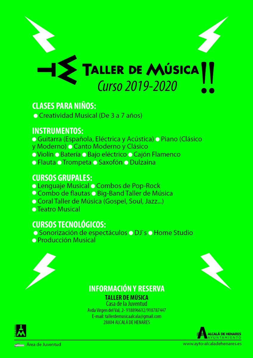 Si te gusta la música, el Taller de Música de la concejalía de Juventud, te ofrece diferentes oportunidades.
¡Ven a la Casa de la Juventud de lunes a viernes de 18 - 21 h. y te informamos!