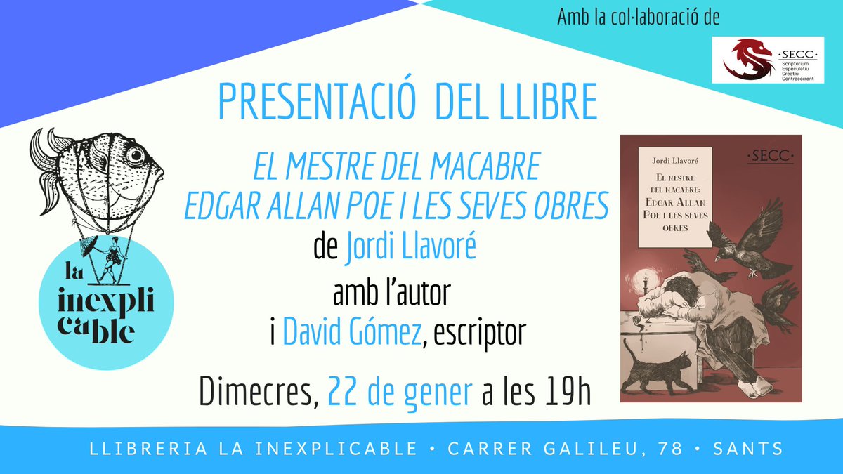 _LaInexplicable's tweet photo. Aquesta setmana a #Lainexplicable
📌Dimarts 21 19h Recital #poesia TANTA GANA @polguapolgua @LaBreuEdicions
📌Dimecres 22 19h Presentació EL MESTRE DEL MACABRE: EDGAR ALLAN POE I LES SEVES OBRES @jordillavore @DavidGomezSimo @eowin32002
👇 més... https://t.co/N5sMlXQ0pM